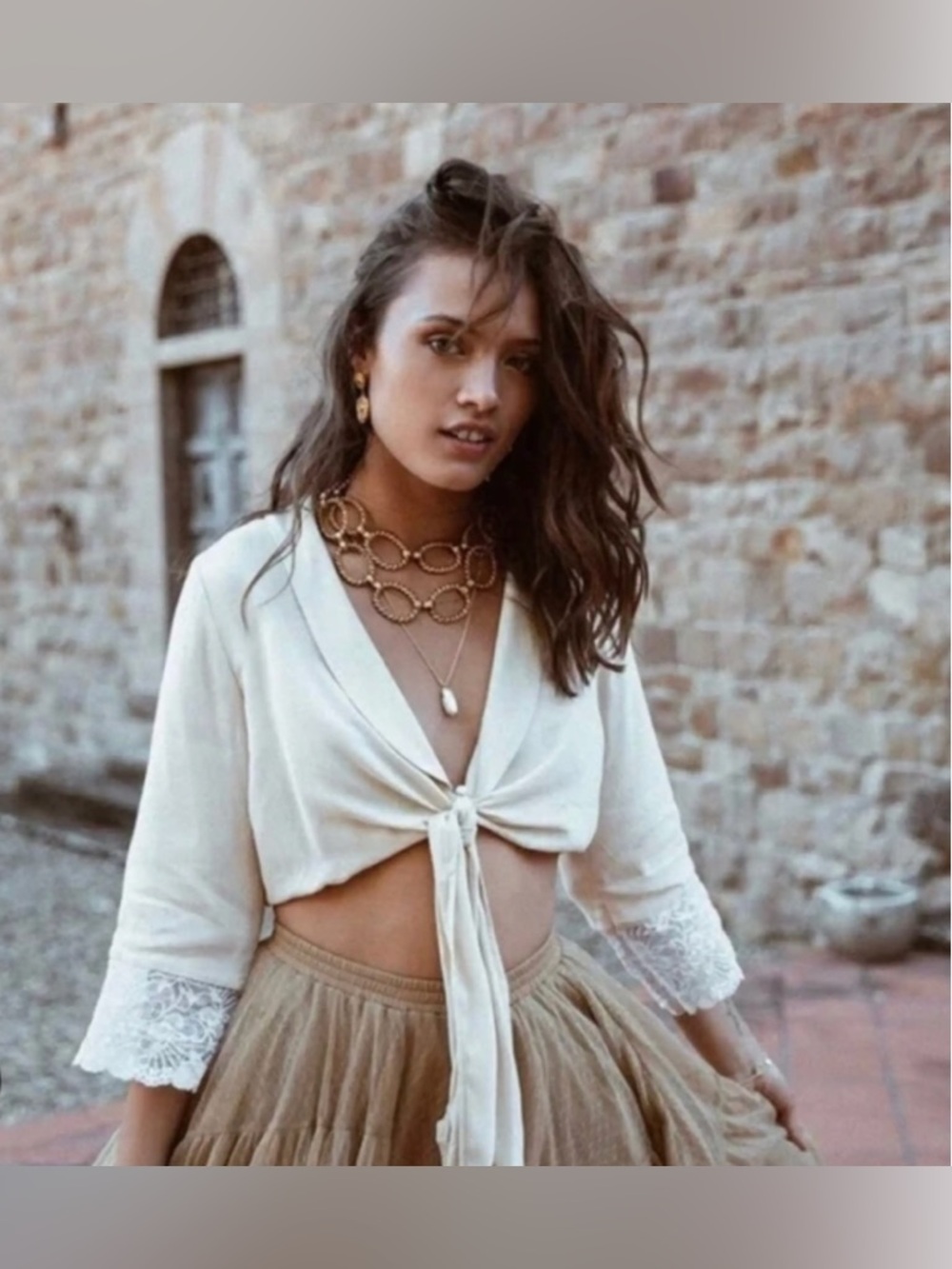Spell & The Gypsy Camp Fire Lounge Top – Small – Cream/Beige Tie Front Crop